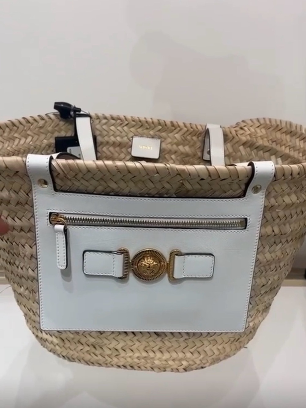 Versace Natural Straw beach bag large - with White Leather and Gold Medallion